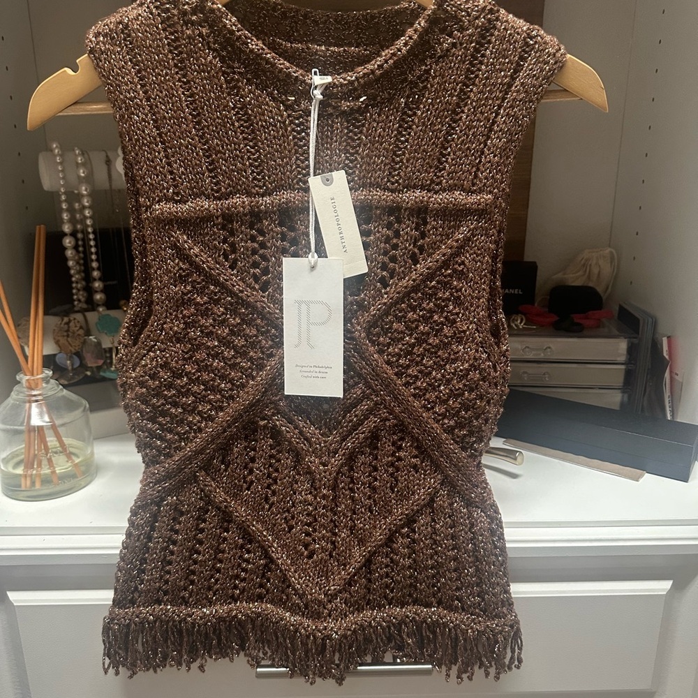 Pilcro Fringed Brown Sleeveless Knit Sweater - Picture 4 of 7